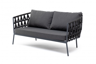 «Диего» диван из роупа двухместный, каркас алюминиевый серый, роуп темно-серый, подушка темно-серая